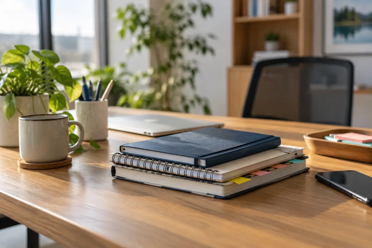 Project journals on a timber desk