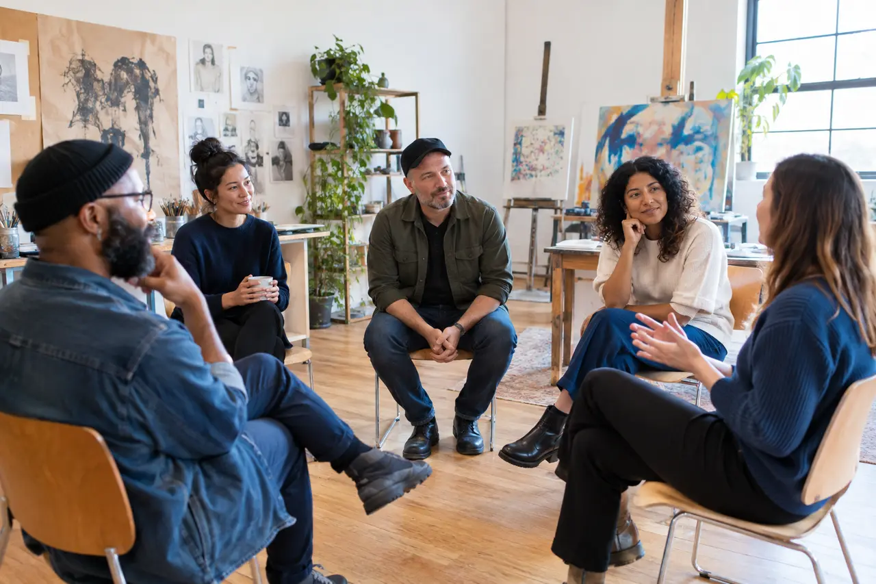 Illustrative arts nonprofit staff reflection circle