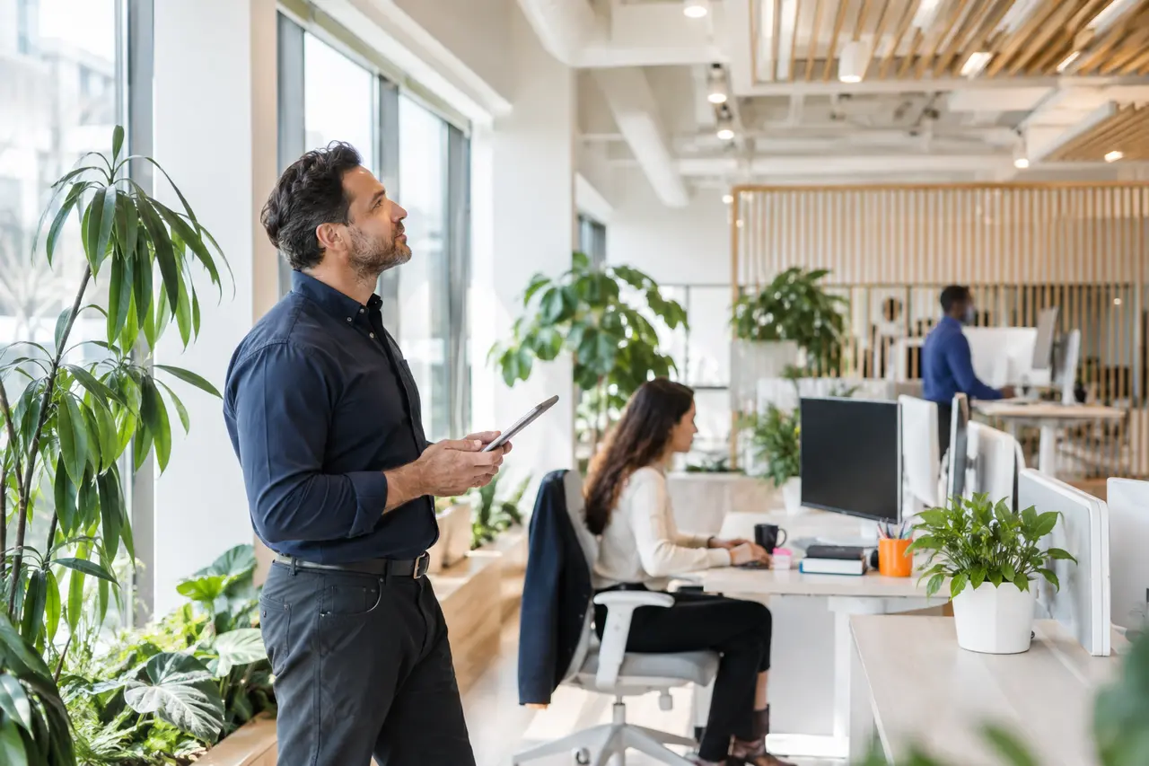 Illustrative building manager considering office comfort