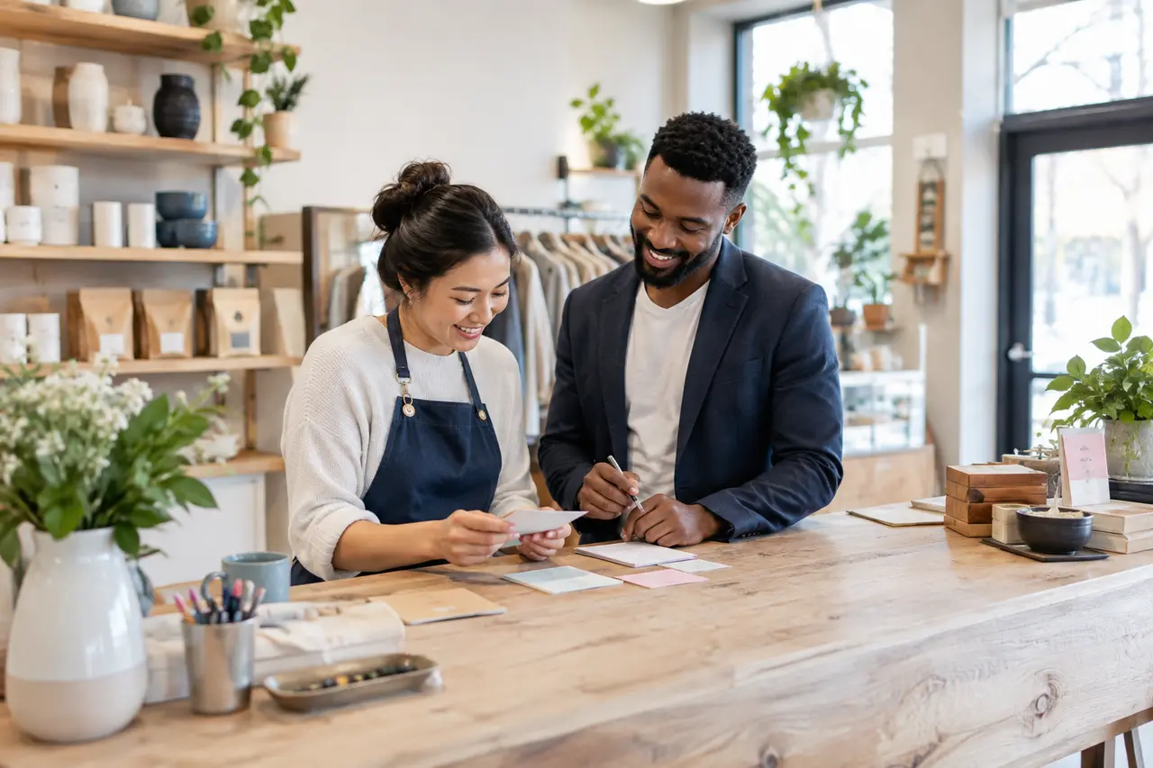 Retail owner reviewing customer feedback with an advisor