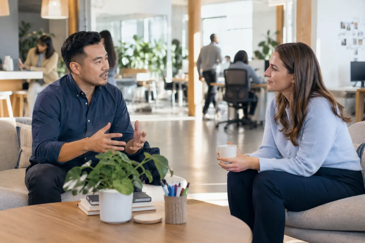 Attentive conversation during a busy workday