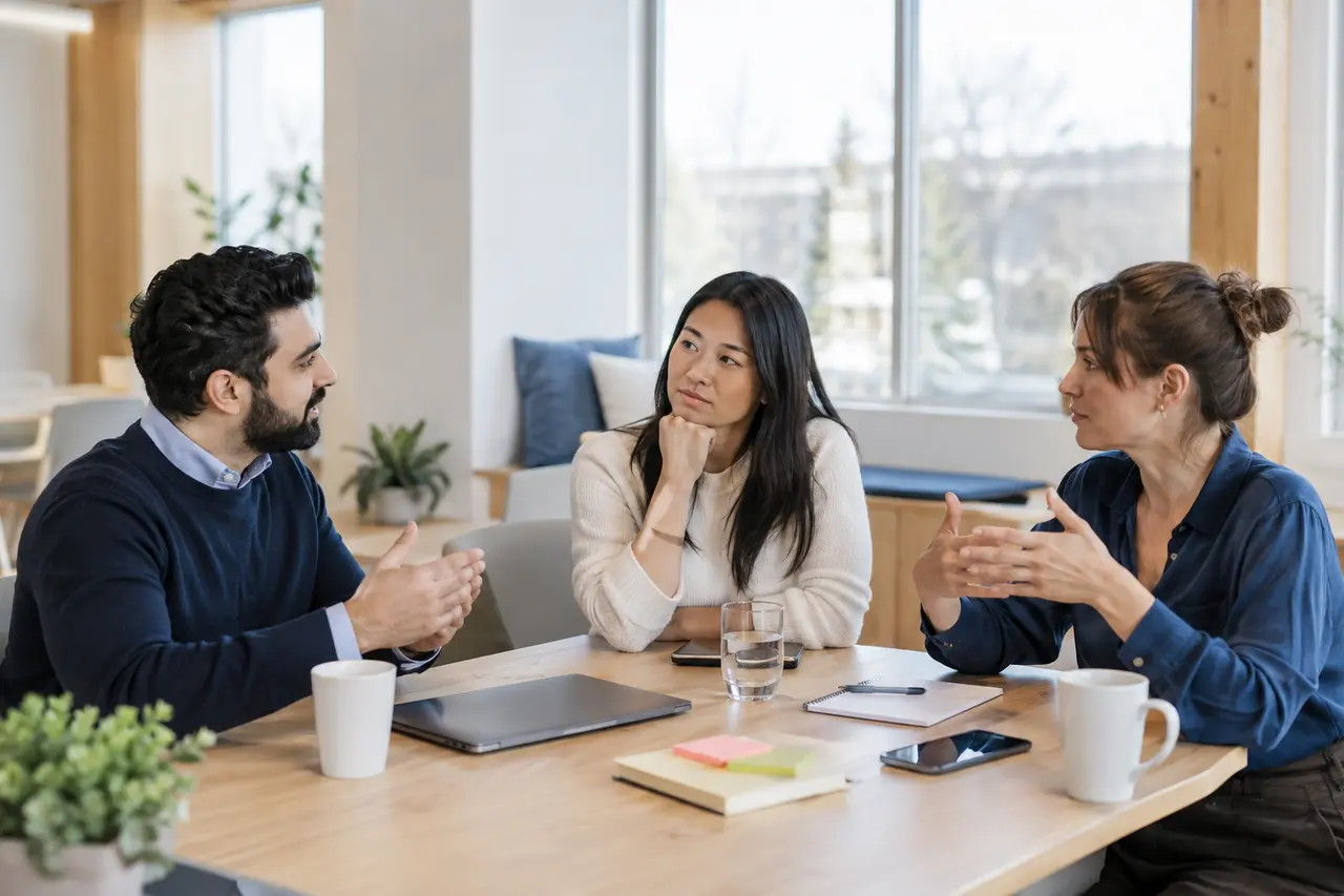 Colleagues respectfully discussing different ideas