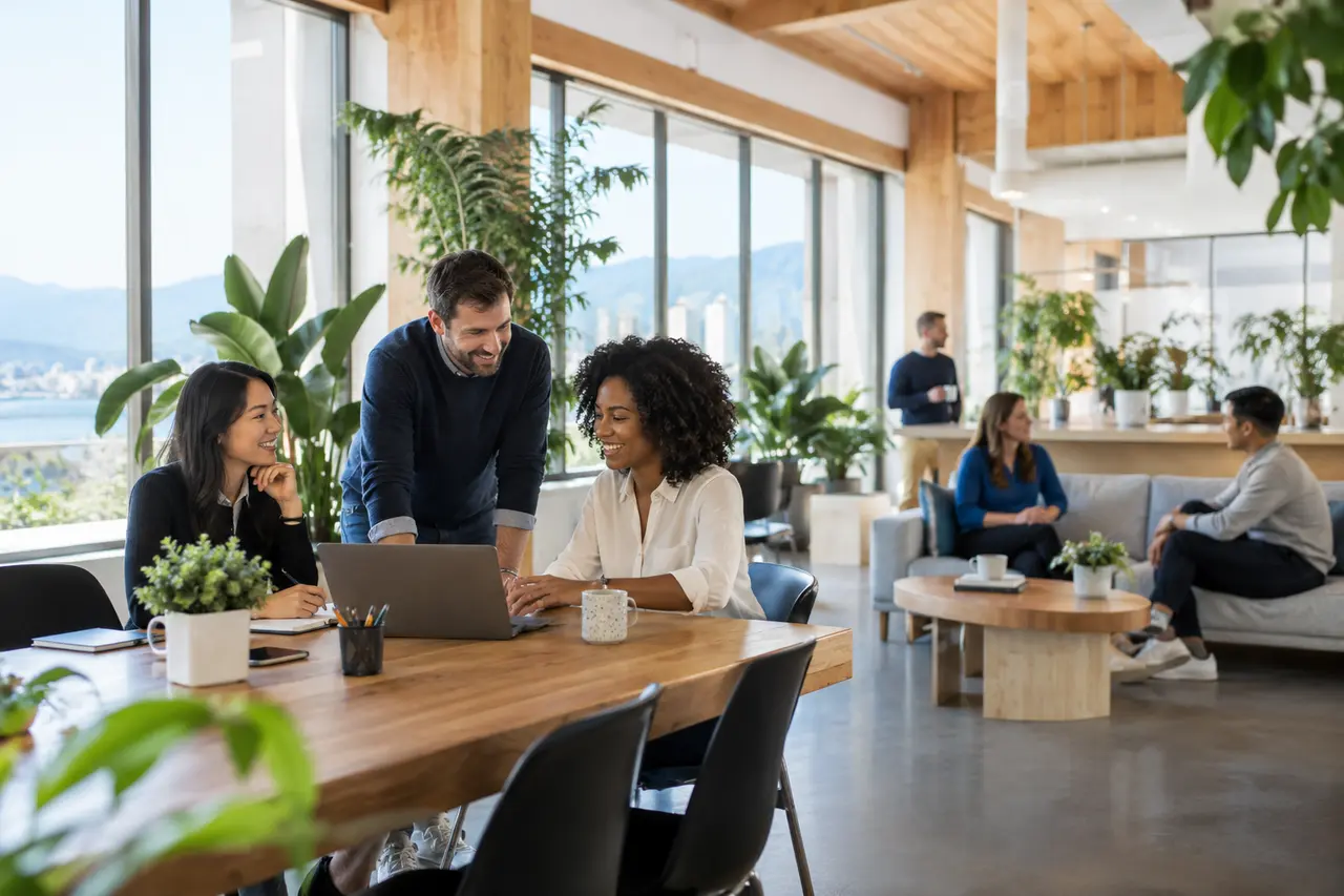 Occupants in a bright office with indoor plants
