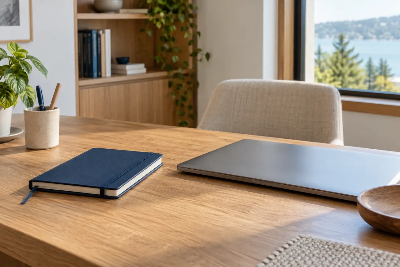 Closed notebook and laptop in a private workspace