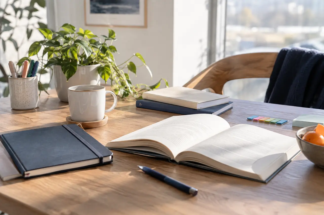 Learning materials arranged on a sunlit table