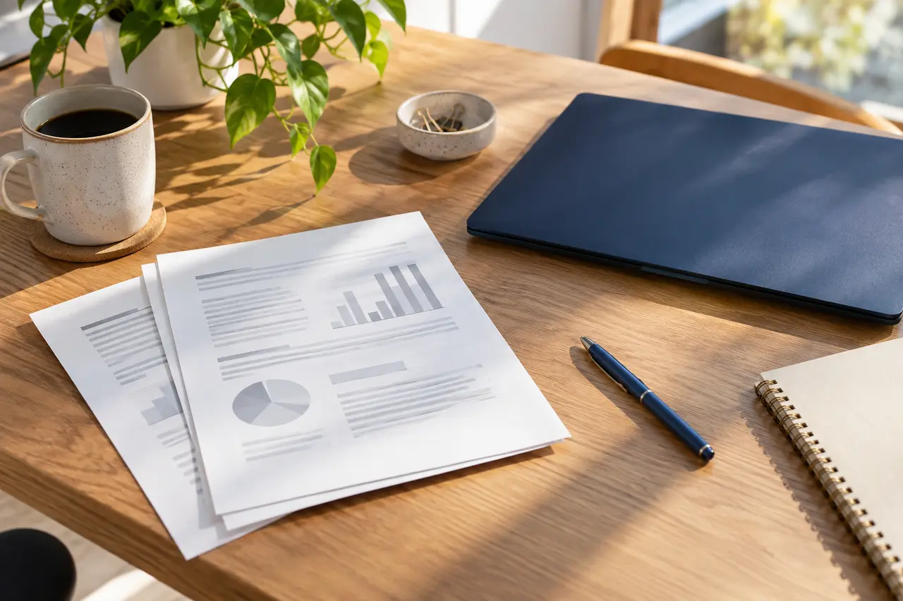 Generic paper reports beside a laptop